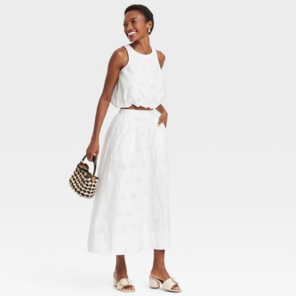 MATCHING SET! Women's Eyelet Midi A-Line Skirt AND Bubble Hem Shirt - A New Day™